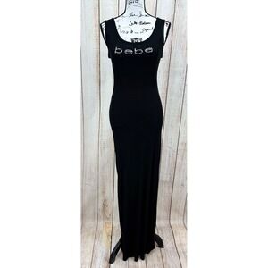 Bebe Y2K Black Rhinestone Logo Maxi Dress Size Small Sleeveless Bodycon‎ Tank